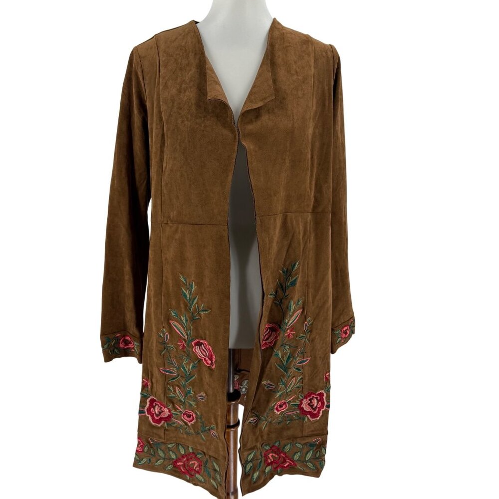 Curations Embroidered Open Front Suede Feel Jacket S Brown